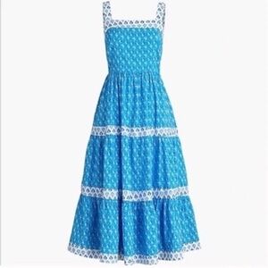 J. Crew Block Print Square Neck Smocked Floral Tiered Midi Dress Size 2